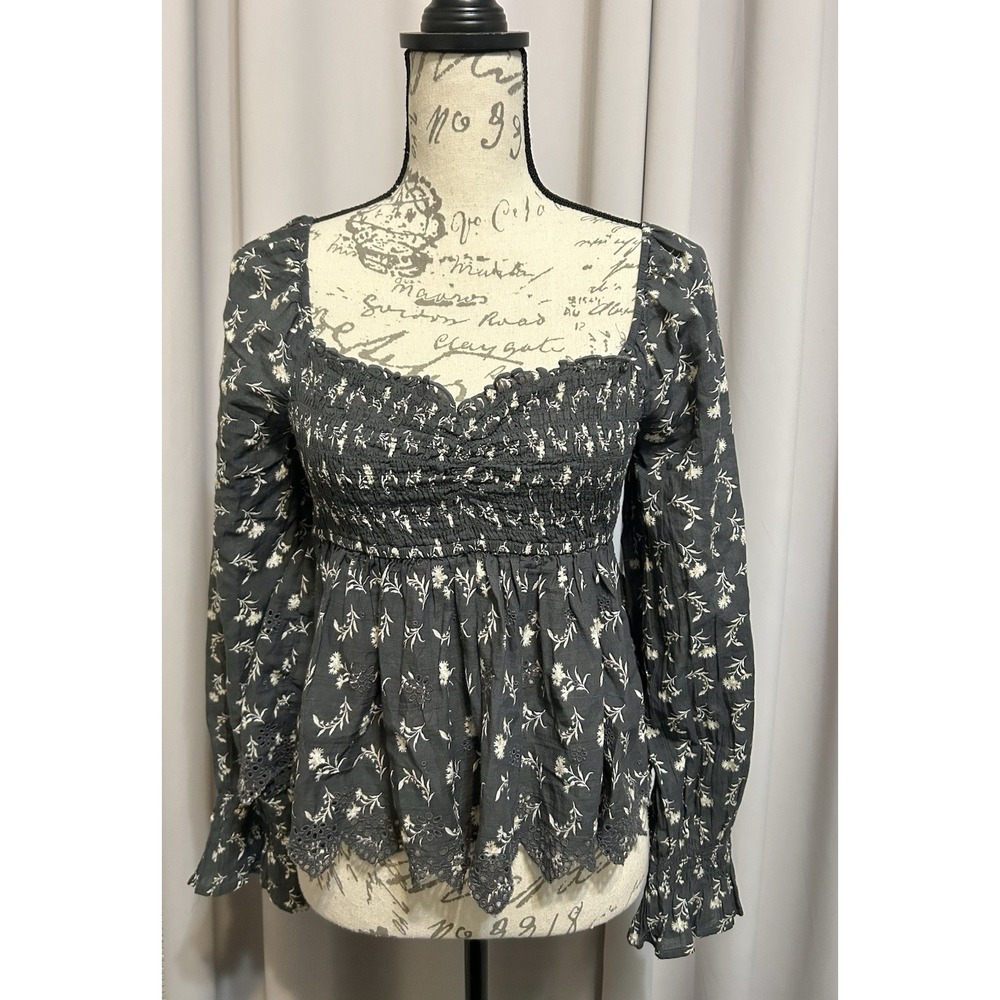 American Eagle Womens Medium Floral Smocked Square Neck Peasant Blouse Boho